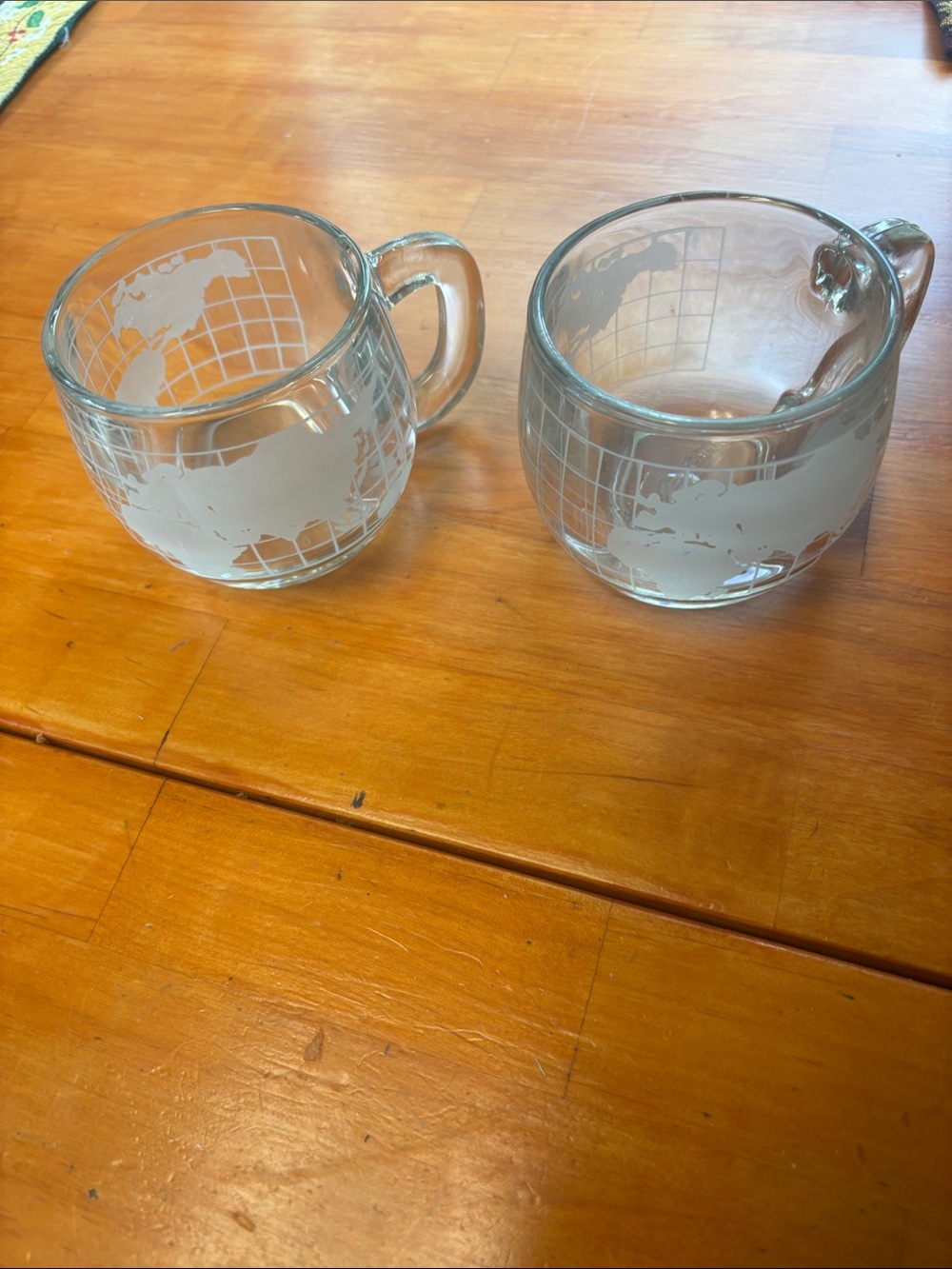 Etched World Map Clear Glass Mugs - Set of 2